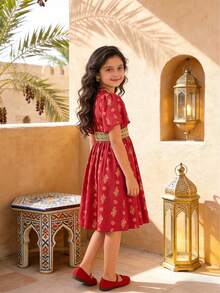Girls' Spring/Summer New Ramadan Dress, Burgundy Foil Floral Pattern + Lace Crochet Trim, Children's Traditional Embroidered Formal Dress - Red - View 2