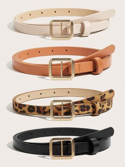 4pcs Women's Square Gold Buckle Skinny Waist Belt, Classic PU Leather Solid Color Retro Decoration Simple Casual Belt