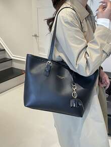 Túi xách cỡ lớn, thanh lịch, chất liệu PU, kiểu dáng đơn giản, có thể gập lại, in chữ, phối màu thời trang, dành cho nữ, thích hợp đi làm, đi nghỉ mát, hoặc làm quà tặng cho mẹ (có mặt dây chuyền). - màu đen - Xem 7