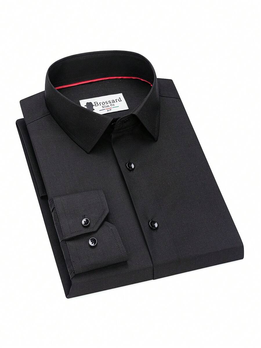 Men's Business Dress Shirts, 38% Bamboo Fiber, 62% Polyamide, Long-Sleeved, No-Iron, With A Slim Fit. Bamboo Fiber: Offers Good Moisture Absorption And Breathability, Is Comfortable To Wear And Naturally Antibacterial. It Is Wear-Resistant And Firm, Making The Shirt Less Prone To Deformation. - 黑色 - 查看 1