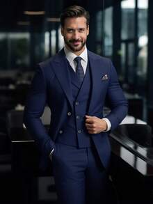 2026 Trending Men's 3-Piece Suit Set - Peak Lapel Blazer, Vest & Dress Pants | Classic Solid Formal Wear For Wedding Guest, Business & Prom (Easy-Care Poly-Viscose Blend) - 藍色 - 查看 1