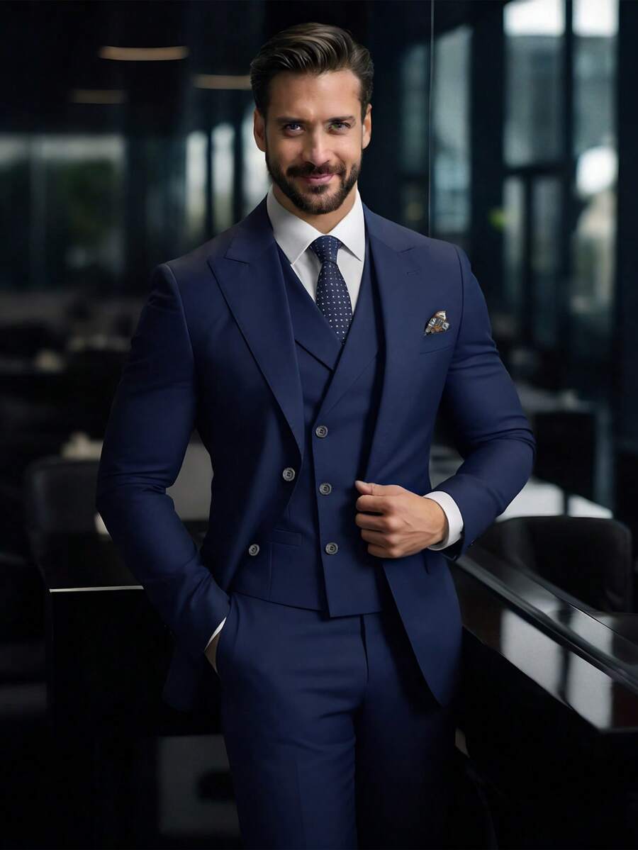 2026 Trending Men's 3-Piece Suit Set - Peak Lapel Blazer, Vest & Dress Pants | Classic Solid Formal Wear For Wedding Guest, Business & Prom (Easy-Care Poly-Viscose Blend) - 藍色 - 查看 1