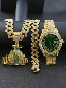 1 Set Fully Rhinestone Money Bag Pendant 15mm Diamond Cuban Link Necklace Bracelet, Men's Green Dial Watch, Hip Hop Style Men Accessory Set