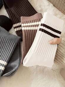 1/5双装女士棕色双条纹中筒袜，舒适休闲时尚百搭女士袜，秋冬季 - 彩色 - 查看 2