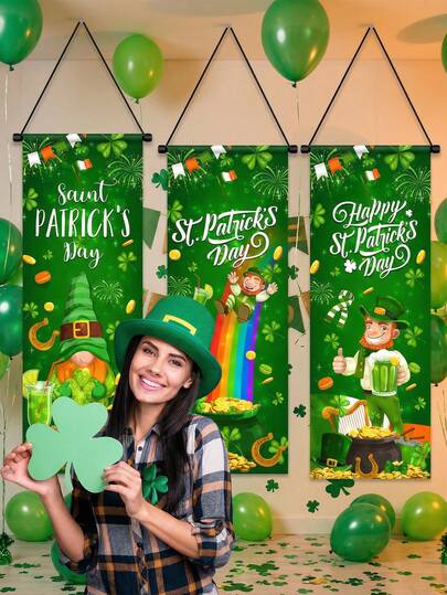 3pcs Festive St. Patrick's Day Decor Set - Vibrant Green Vinyl Door Banners With Leprechaun & Shamrock Motifs, Rainbow Gnome Accents For Indoor/Outdoor Irish Celebration, Gnome Decor