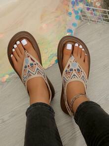 Women's Thick Sole Comfortable Sandals, Bohemian Style, Thong Sandals With Elastic Strap, Thick Sole Roman Sandals For Summer, Beach, Vacation, Home, Outdoor, Commute, Work - Multicolor - View 12