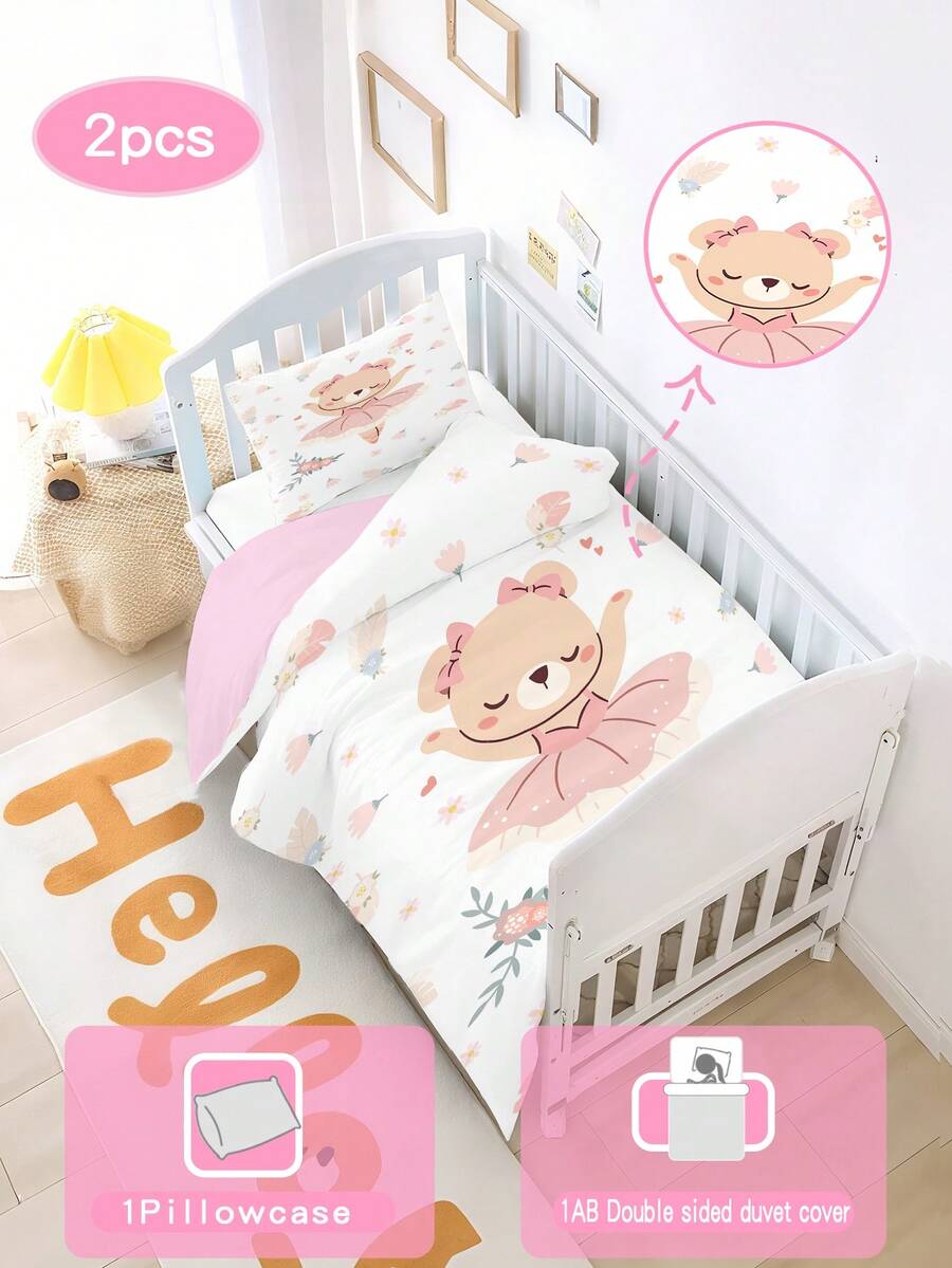 1 Set Of Pink Cartoon Dancing Teddy Bear Duvet Set, Made Of Polyester Material And Digitally Printed. Suitable For Bedrooms, Baby Girls, Baby Beds, And Gifts. - Multicolor - View 1