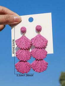 OOQ 1 Pair Handmade Bohemian Style Raffia Straw Shell Tassel Long Earrings, Geometric Design Earrings Suitable For Beach, Holiday, Wedding, Mother's Day, Music Festival, Daily Wear, Party (Handcrafted Raffia Weaving, Shape And Direction Random) - Hot Pink - View 4