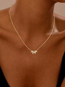 1件不锈钢水钻树叶吊坠项链，时尚简约立方氧化锆树叶吊坠O型链项链，轻盈优雅百搭项链，适合女孩和女士佩戴 - 金色 - 查看 2