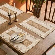 6/4/2pcs Set Elegant Woven Placemats - Classic Cream White + Natural Beige Knitted Design With Tassel Details, Breathable Crochet Lace Trim, Stain-Resistant Tablecloth Suitable For Rustic Farmhouse, Modern Coastal Or Classic Dining Decor | Upgrade Dining Aesthetics With Fashionable And Durable Placemats, Applicable For Daily Meals, Holiday Gatherings And Dinner Parties - Multicolor - View 4
