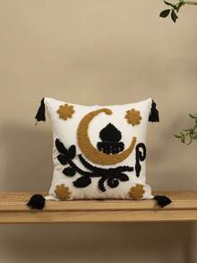 1pc/2pcs Set Moon Pattern Embroidered Cushion Cover, Middle Eastern Festival Atmosphere Plush Tassel Cushion Cover, Bohemian Style Home Living Room Bedroom Sofa Decorative Pillow Case, Suitable For Eid Festival Gifts, Daily Casual Patio Headboard Pillow Sham, All Season, Without Insert, 45*45cm - Multicolor - View 4