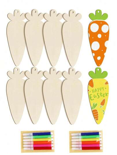 12 piezas Decoraciones de madera sin terminar con forma de zanahoria con tema de Pascua, incluye 10 piezas de madera y 2 cajas de lápices de colores, manualidades DIY, decoración del hogar, Pascua, Acción de Gracias, Día del Maestro, Día de la Madre, San Valentín, Aniversario de Bodas, Accesorios para juegos y regalos para fiestas