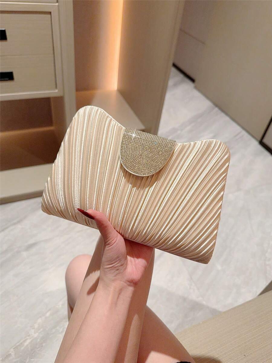 1 Stück glänzende gefaltete Umhängetasche - Mondschein-Abend-Tasche, modische & elegante Damen-Clutch, Luxus-Diamant-Dekor, ausstrahlt hochwertige Qualität, geeignet für formelle Anlässe, Hochzeiten, Partys, mit abnehmbarem Kettengurt zum Umhängen - Aprikosenfarben - Übersicht 1