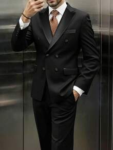 男士双排扣婚礼宴会司仪西装套装（两件套），英伦风高端翻领西装外套+西裤 - 黑色 - 查看 2