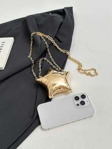 1pc New Mini Metal Pouch, Electroplated Silver Coin Purse, Shiny Avant-Garde Metallic 5-Pointed Star Handbag, Star Chain Crossbody Bag, Asymmetric Handheld Bag, Accessory Pouch, Elegant Coin Purse, Earphone Case , Wedding - Gold - View 8