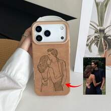 Customized Soft Leather Phone Case With Line Art Design, Compatible With IPhone 17/16/15/14/13/12/11 Pro Max And Plus Series, Lens Protection, Anti-Fall And Wear-Resistant, UV Printing Technology, Handwritten Brush Style, Perfect Gift For Birthday And Anniversary - Khaki - View 2