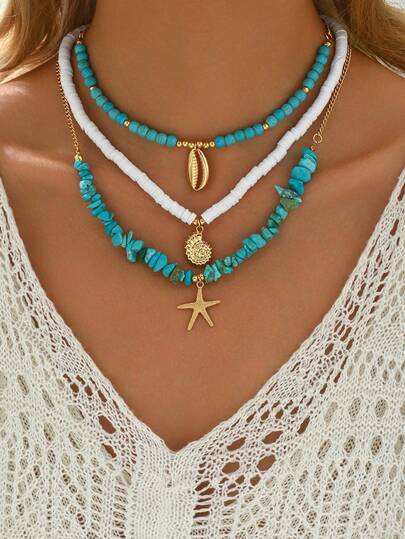 3pcs/Set Turquoise Beaded Necklace With Metal Seashell & Starfish Pendants, Women Ocean Style Jewelry For Daily Wear And Beach Vacation