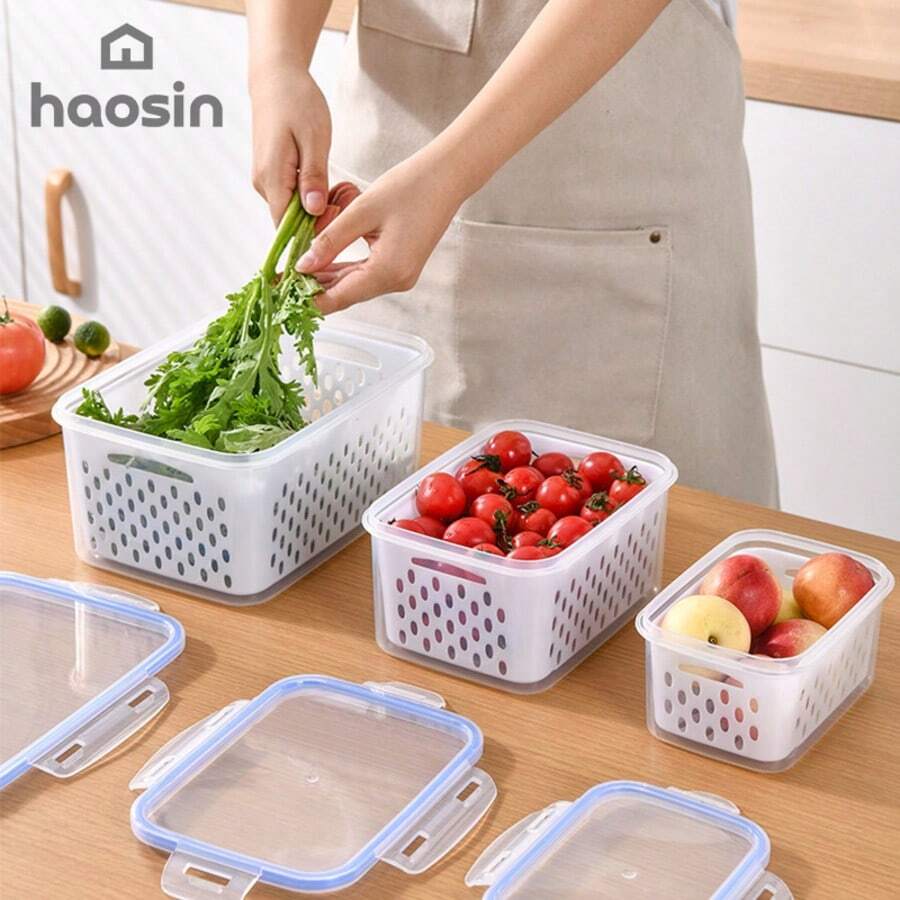 3 Sizes Set Drain Basket Storage Box For Refrigerator (Small + Medium + Large) - Adjustable Valve, Stackable, Portable Food Organizer, Snacks, Gift, Christmas Party - White - View 1