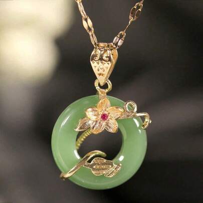 1 Green Peace Buckle Necklace Flower Ring Micro-Paved Light Luxury Niche Green Jade Lotus Leaf Pendant Suitable For Daily Wear By Women Valentines