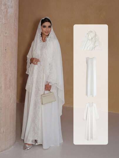 Abayas For Women,Open Abaya Set With Lace Trim, Sleeveless Inner Dress & Chiffon Headscarf - Lightweight, Modest & Breathable For Spring/Summer,White Elegant Party Dresses For Women