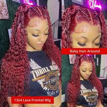 34英寸 200% 密度 深波浪蕾丝前假发 混合真人发 13x4 高清蕾丝前假发 真人发 无胶预拔毛卷发真人发假发 带婴儿发 湿润波浪假发 # 酒红色 99J - SBUG - 查看 4