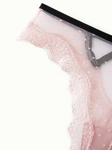Bonmuse Lace & Mesh See-Through Low-Rise Thong Panties With Hollow Out Design Sexy Lingerie - Pink - View 4