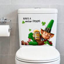 1/3 piezas Pegatina de inodoro del Día de San Patricio Duende gracioso enano que sostiene un papel Calcomanía impermeable de PVC Decoración de baño para la fiesta del festival irlandés Decoración de la tapa del inodoro Arte de pared con trébol verde Suministros - Multicolor - Ver 11