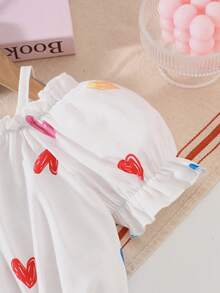 2件套 女童吊带泡泡袖爱心图案上衣 + 卡通印花短裤，春夏款 - 白色 - 查看 4