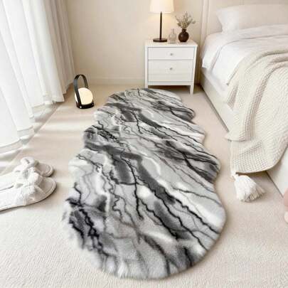 1pc Gray Textured Printed Plush Rug, Soft Faux Fur, Asymmetrical Shape With 1-5cm Trimming Tolerance, Home Decor Mat For Living Room, Bedroom, Bathroom Or Kitchen, Unique Rug, Bedroom Carpet, Decorative Carpet, Small Rug, Carpet, Home Decor, Living Room Carpet