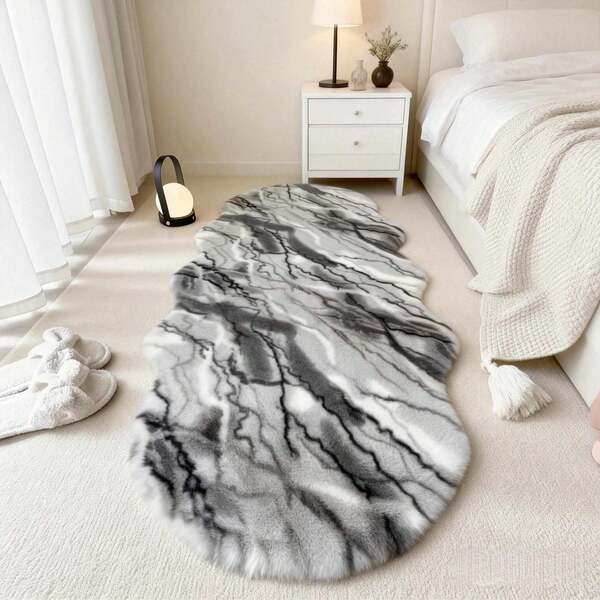 1pc Gray Textured Printed Plush Rug, Soft Faux Fur, Asymmetrical Shape With 1-5cm Trimming Tolerance, Home Decor Mat For Living Room, Bedroom, Bathroom Or Kitchen, Unique Rug, Bedroom Carpet, Decorative Carpet, Small Rug, Carpet, Home Decor, Living Room Carpet