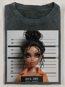 Yuega Tshrit 1pcMen'S 230g Heavyweight Washable Batik T-Shirt With Quirky Doll Face & Mugshot Graphic Print - Retro Vintage Loose Fit Round Neck Casual Tee For Halloween Costumes, Themed Parties & Casual Attire - All-Season Comfort, Ideal Gift For MenSummer Clothing Tops - 黑色 - 查看 7