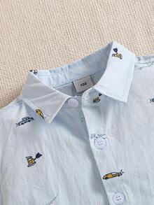 Young BoyTrendy Car Print Shirt, Autumn - Baby Blue - View 3