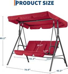 Columpio de exterior con toldo ajustable para adultos, banco de 3 plazas con cojines gruesos, estructura de acero, para jardín, color rojo - Rojo - Ver 4