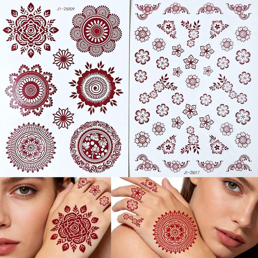 2 Tờ Hình Xăm Tạm Thời Màu Nâu - Họa tiết Mandala Cổ Điển & Hoa Tinh Tế, Thiết Kế Tinh Xắn Cho Trang Điểm Hàng Ngày & Dự Tiệc, Trang Trí Tay & Cơ Thể Sáng Tạo Cá Nhân, Miếng Dán Hình Xăm Phong Cách Cổ Điển Cao Cấp.