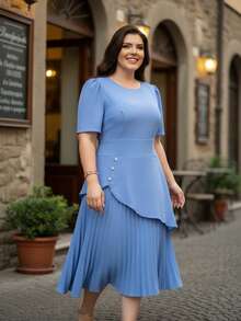 Fabric: Dune Casual Party Elegant Boho Conservative/Modest Pleated Fabric Ruffled Hem Faux Buttons Dresses Elegant And Casual Homecoming Birthday Party Daily Holidays All Seasons - 嬰兒藍 - 查看 3