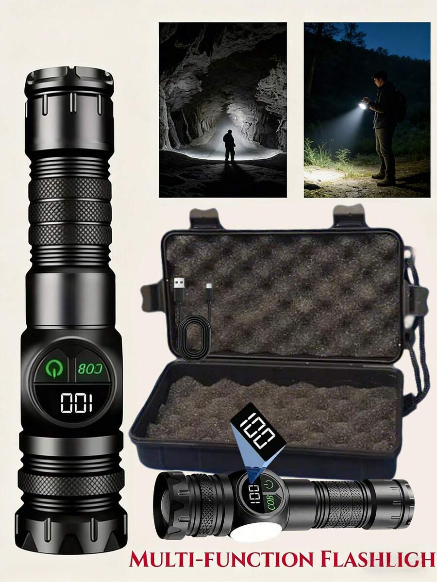 Rechargeable Super Bright LED Tactical Flashlight With Strong Magnet, COB Side Light, Suitable For Camping, Fishing, Emergencies, Adjustable Spotlight/Floodlight, Waterproof, For Outdoor Work, Car, Home Use (Product + Box + Cable)