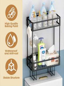 1-Piece Bathroom Storage Rack Set - Wall Mounted Floating Rack With 2 Hooks And Toilet Paper Holder, Sturdy Metal Toilet Storage Rack For Toiletries, Towels, And Decorations, Multifunctional Space Saving Solution For Bathroom Vanity, Toilet, And Toilet, Perfect Holiday Gift - 黑色 - 查看 5