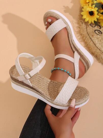 2026夏季新款厚底坡跟编织简约绑带凉鞋，女士沙滩度假风，休闲轻便搭扣凉鞋