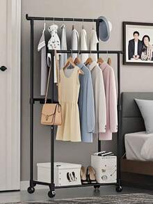 1pc Floor Standing Coat Rack, Small Bedroom Clothes Hanger, Single/Double Rod Garment Rack, Multi-Function Wardrobe Organizer, Portable Clothes Rack For Hanging And Displaying Clothing - Multicolor - View 3