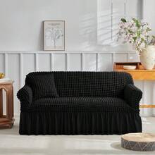 Modern Style Polyester Fiber Solid Color Bubble Gauze Simple Style Elastic All-Inclusive Lace Design Sofa Cover, All Seasons Scratch Resistant Elastic Living Room Sofa Cover Pet Anti-Dirty Universal Sofa Protector Home Decoration - 黑色 - 查看 2