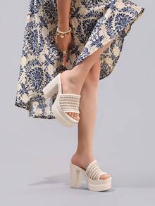 Fashion Thick Sole Waterproof Platform High Heel Open Toe Sandals, Suitable For Ball, Party, Runway, Chunky Heel Slide Sandals For Women - Beige - View 7