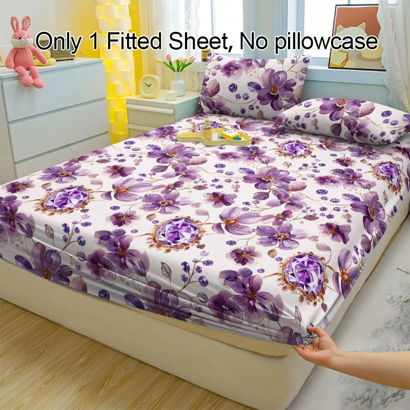 1件柔软透气的花卉水钻图案床笠，舒适的床垫保护套，适用于卧室、客房和宿舍，床上用品套装（不含枕套） - 彩色 - 查看 1