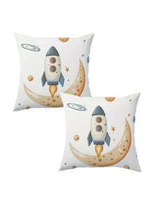 1/2/4pcs Space Adventure Throw Pillow Covers, 17.7" X 17.7", Cartoon Astronaut & Rocket Design, Zippered Polyester Cushion Cases For Contemporary Home Decor - Machine Washable, Insert Not Included, Decorative Pillow - Multicolor - View 13