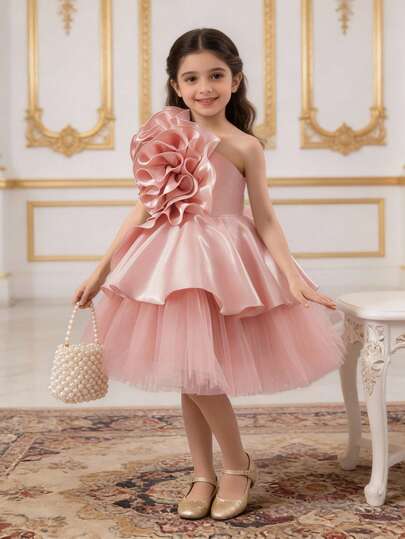 Tween Girl Children's Dress, Pink Tulle Elegant Princess Dress With Floral Decor, Suitable For Girls Birthday Party, Wedding, Flower Girl, Bridesmaid, Formal Gown