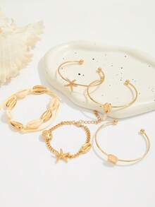 5pcs Fashion Luxury Women's Bracelet Starfish Shell Pendant Bracelet Set Beach Jewelry Vacation Accessories - Yellow Gold - View 5