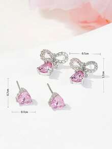 2pcs Cute & Refreshing Pink Bow Earrings, Minimalist Design, Shiny Heart Earrings, Ideal Gift For Best Friends - Multicolor - View 4