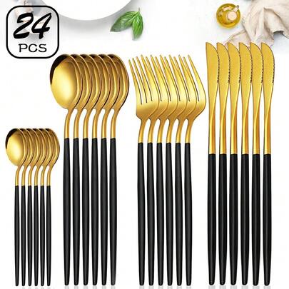 MYVIT 24件套不锈钢骑士餐具套装，西式餐具套装，包括牛排刀、餐叉、餐勺和甜点勺，适用于西餐厅、酒店、家庭，餐具配件