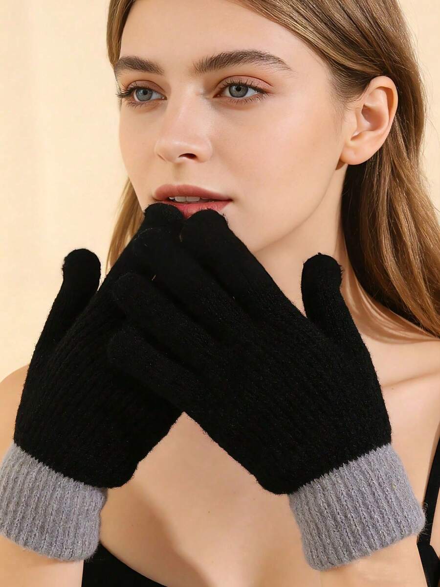 1 Pair Men's Winter Warm Touchscreen Gloves, Fleece Lined, Thick, Cold-Proof, Anti-Slip, Knitted For Cycling