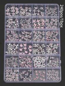 12/240件粉色系列金属美甲饰品：心形、行星、月亮、十字架、蝴蝶结、泰迪熊、星光、水钻银色美甲装饰，奢华金属美甲用品，闪亮粉色水晶美甲宝石，适用于多功能DIY美甲配件 - 彩色 - 查看 1