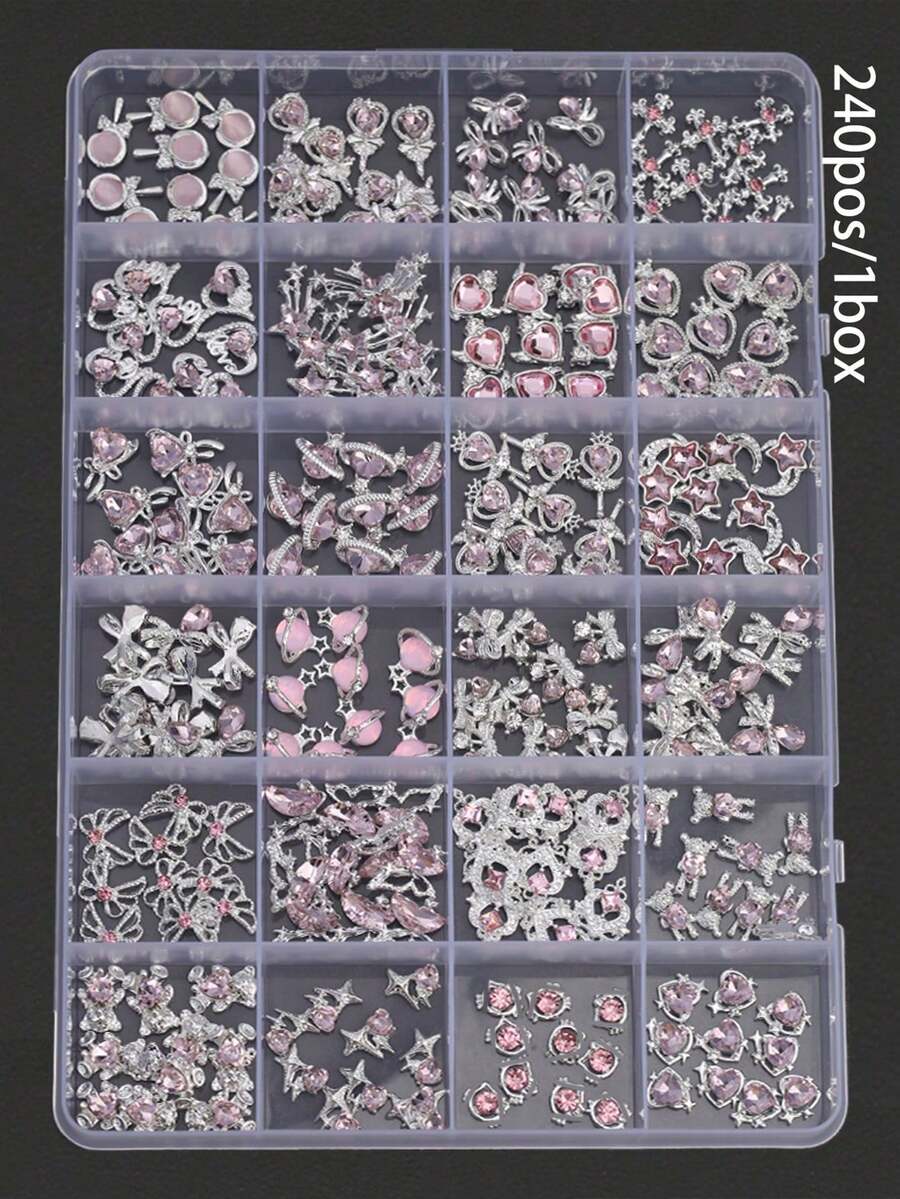 12/240件粉色系列金属美甲饰品:心形、行星、月亮、十字架、蝴蝶结、泰迪熊、星光、水钻银色美甲装饰,奢华金属美甲用品,闪亮粉色水晶美甲宝石,适用于多功能DIY美甲配件 - 彩色 - 查看 1